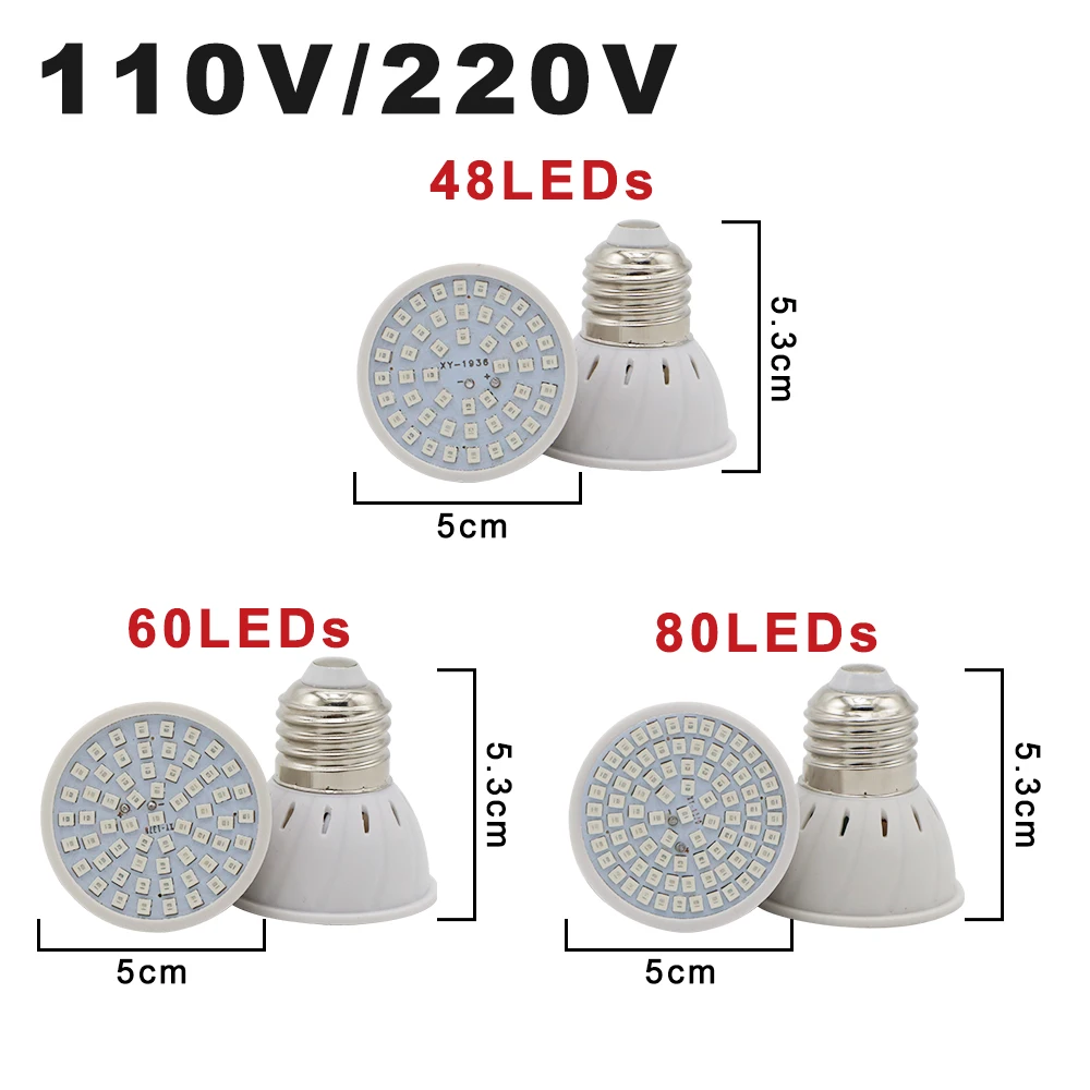 Bombilla LED de espectro completo para cultivo hidropónico de plantas, lámpara E27 de 110V y 220V, 48, 60 y 80LEDs, para jardín de interior