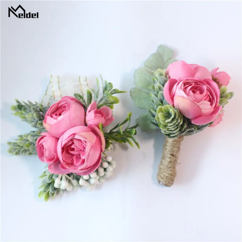 Meldel Boutonniere Groom Corsage Bridal Wrist Corsage Rose Bracelet Pink Orange Artificial Silk Sasanqua Flower Wedding Supplies