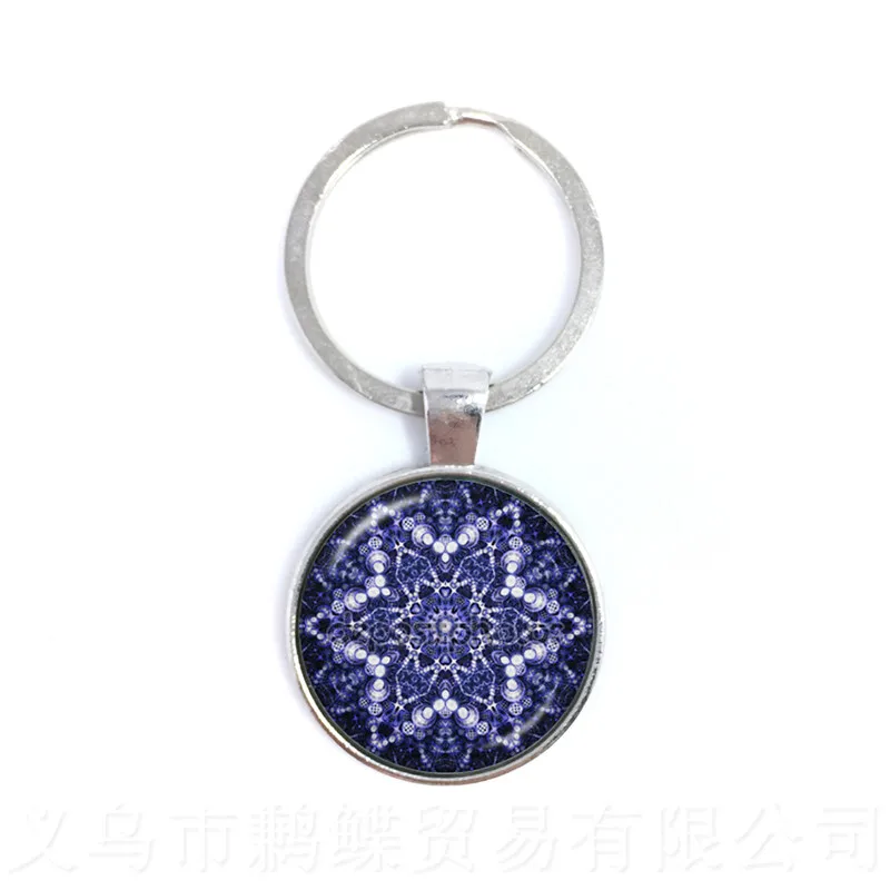 OM/AUM Key Chain Handmade Blue Mandala Datura Flower Symbol Art Jewelry Glass Photo Keyring Endless Love And Vengeance Wholesale