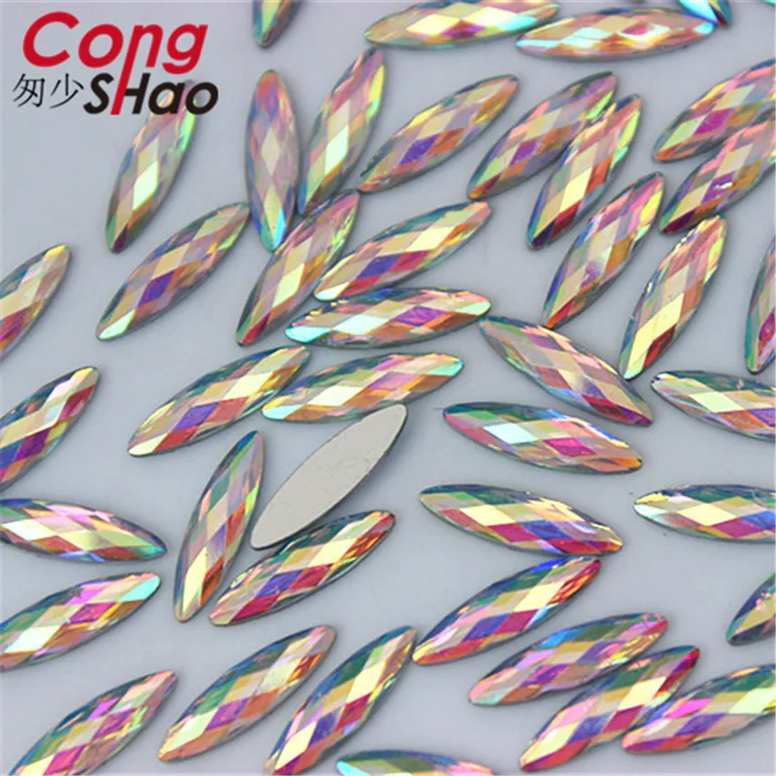 Cong Shao 100Pcs 4*15mm AB Clear Horse eye  Resin Rhinestone trim Crystals Flatback for Wedding Dress Buttons Decoration ZZ214