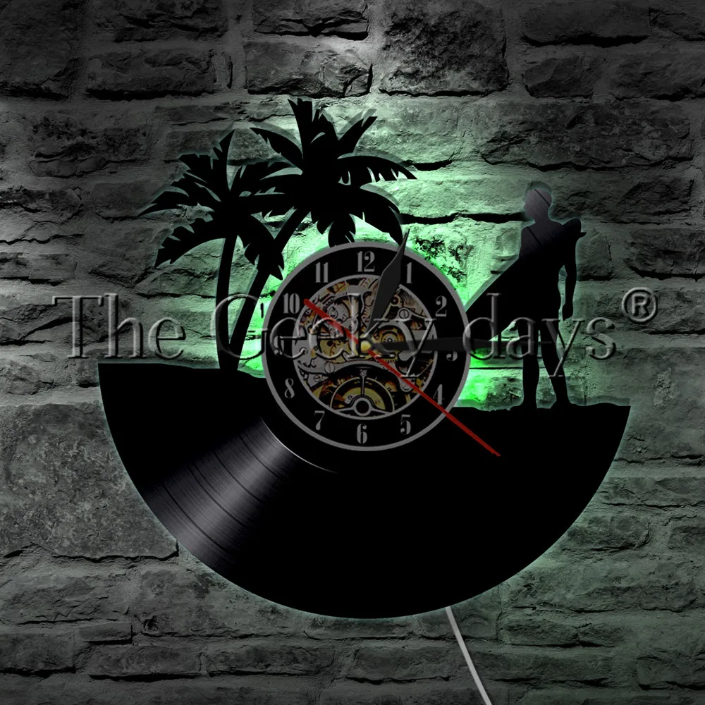 

Surfing Beach LED Lighting Color Changing Vinyl Record Wall Clock Hawaii Surfing Water Sport Modern Wall Light