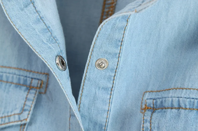 Delle Donne del cotone Del Manicotto Del Bicchierino Blu Camicia di Jeans Nuovo 2019 di Modo di Estate Delle Signore Camicia di Jeans Con Petto Tasche Con Patta Legame di Farfalla 1669