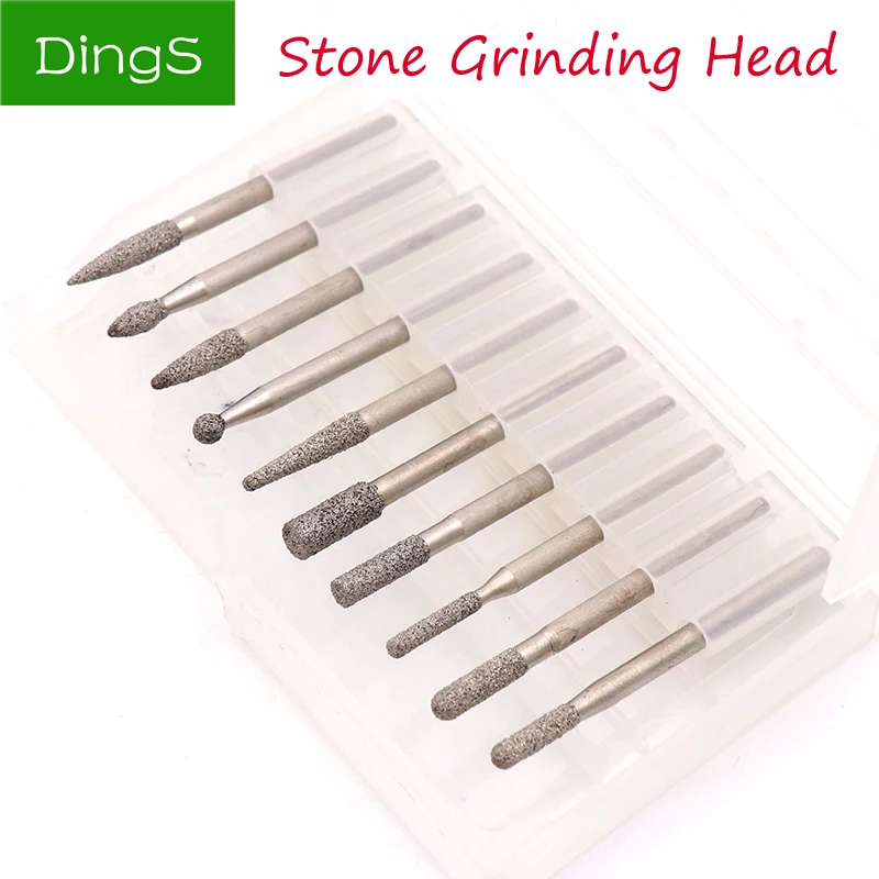 

10pcs Diamond Grinding Head 3mm Shank Carving Burrs For Metal Jade Peeled Agate Granite Stone Carving Tools