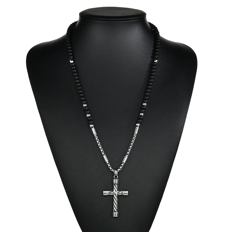 Stainless Steel Cross Pendant Necklace Silver Color Stainless Steel Chain Black Stone Strand Beads Necklaces Ethnic Jewelry Men