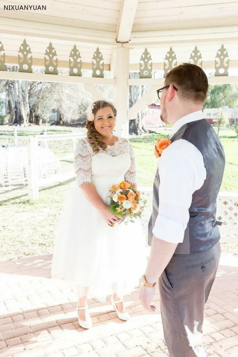 Vestido de noiva curto, adorável, de renda, metade de manga longa, comprimento de chá da panturrilha, plus size, vestido de casamento com jóias, vestido de praia