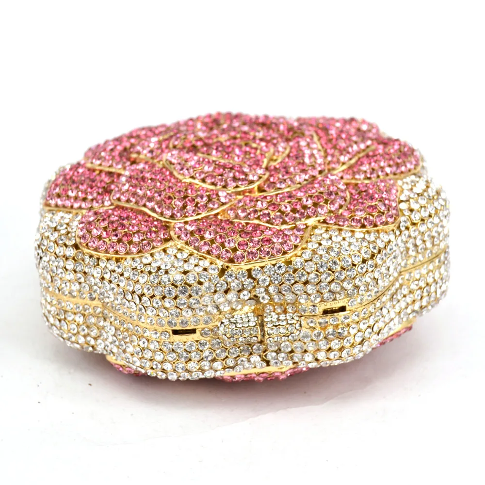 Pink Rose Flower Shaped Crystal Clutch bag diamond colorful Handmade Evening bags Bridal purse Customized Handbags SC021