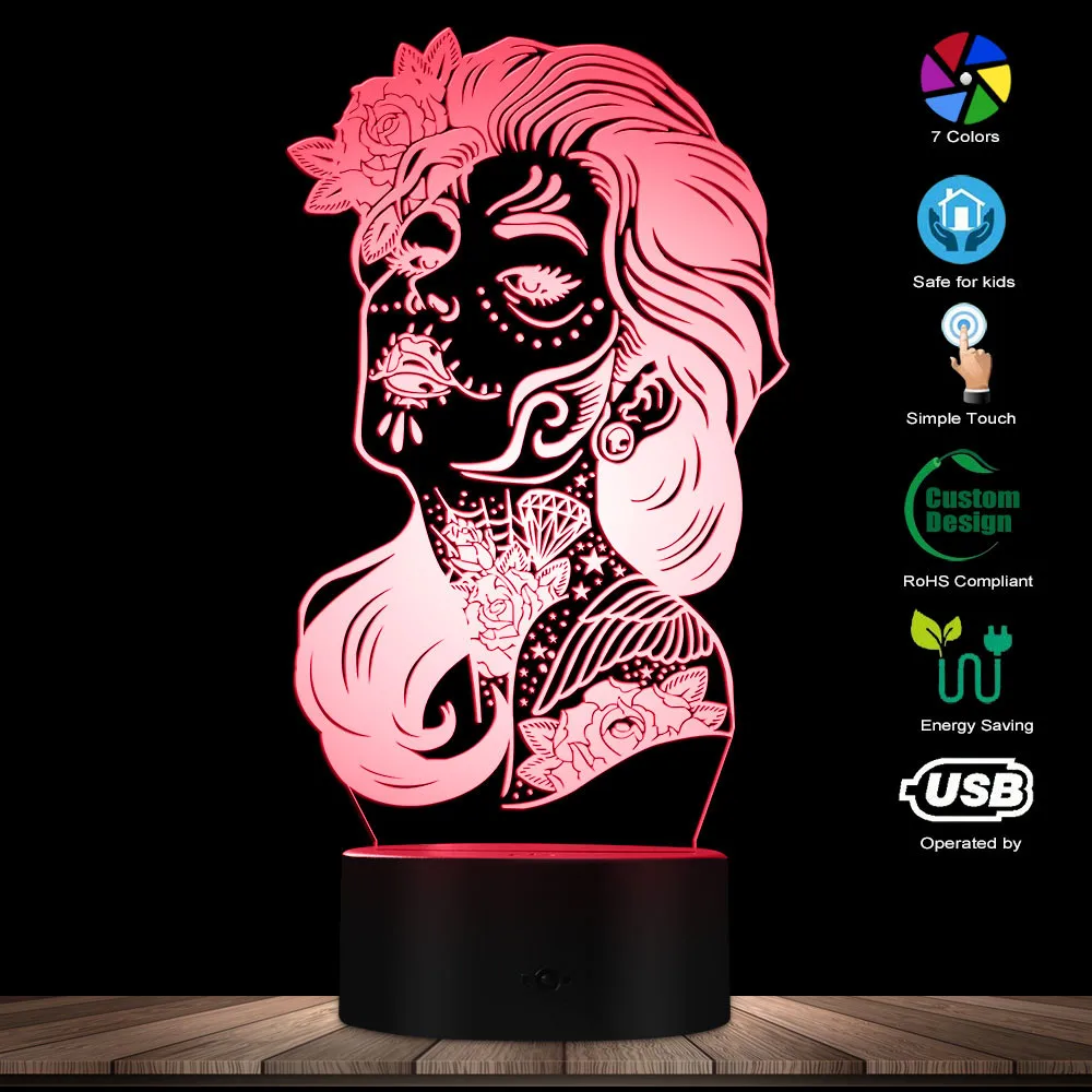 Day Of The Dead Color Change Night Light Girl Sugar Skull LED Table Lamp Lighting Home Decoration Illusion Desk Lamp