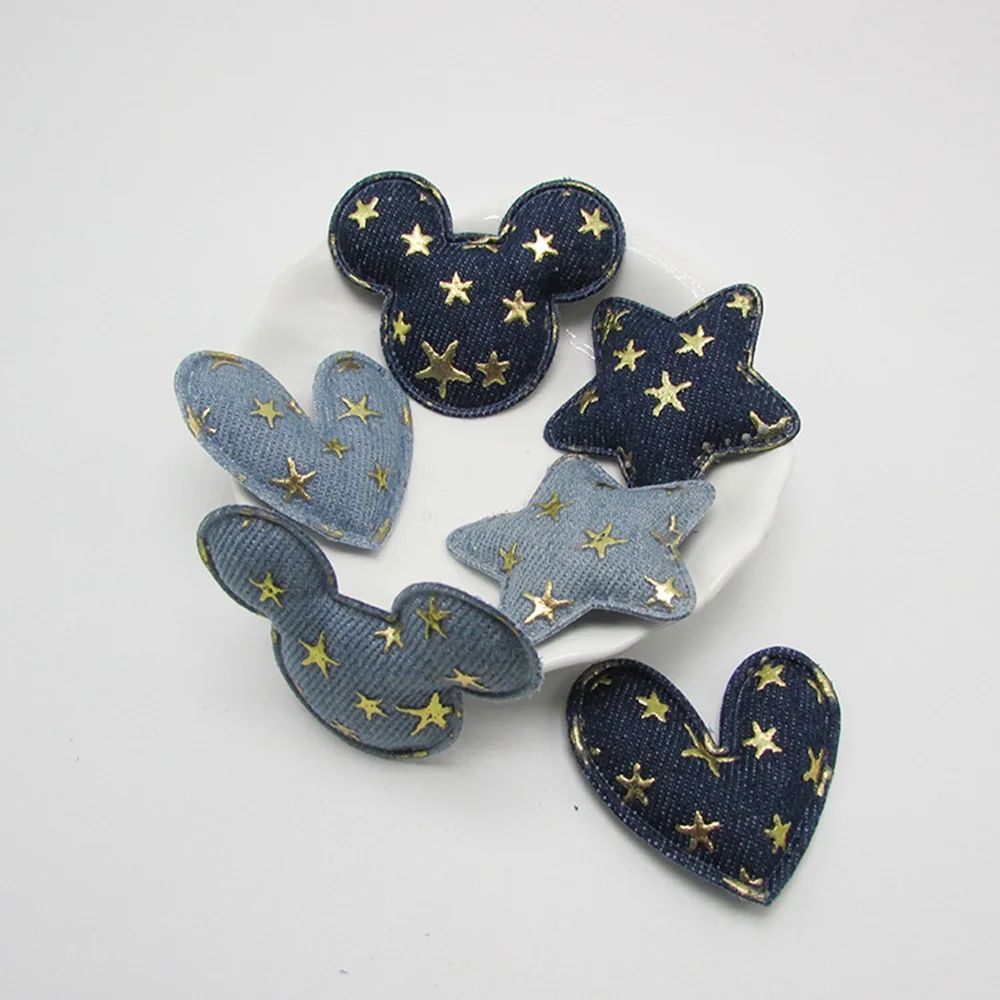 50pcs/lot Children's Hair Accessories Denim Pentagonal Star Heart padded applique Crafts for garment accessories Decoration