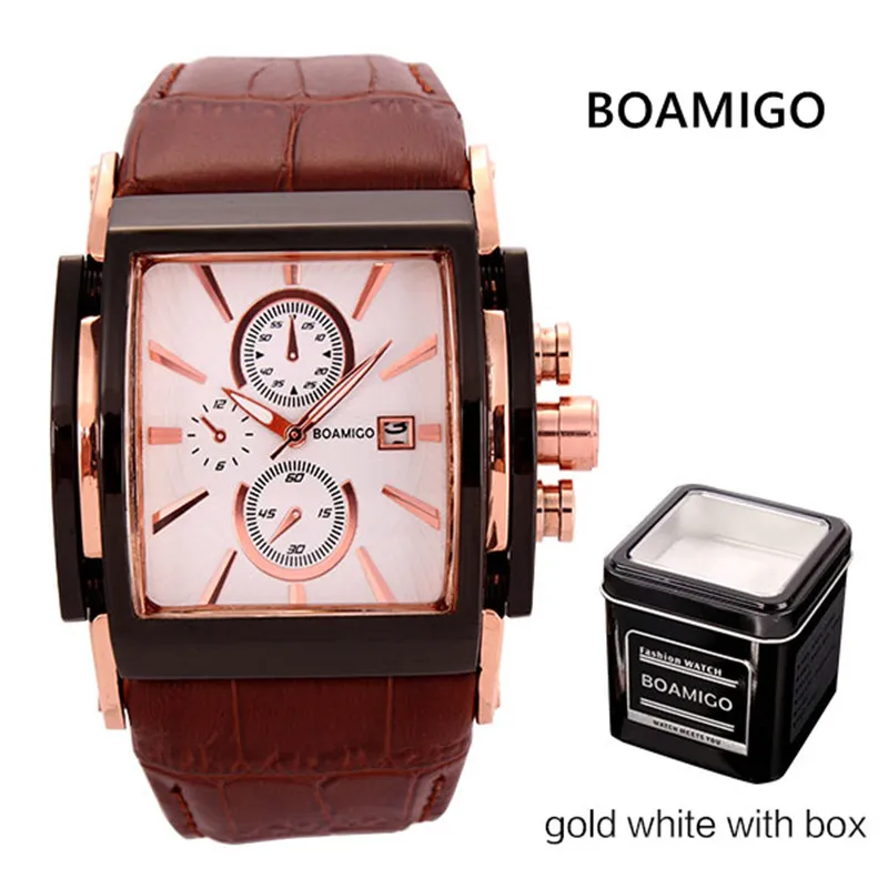 BOAMIGO Men Quartz Watch Fashion Casual Sport Watch Rose Gold Waterproof Cock Leather Male Casual Wristwatches relogio masculino