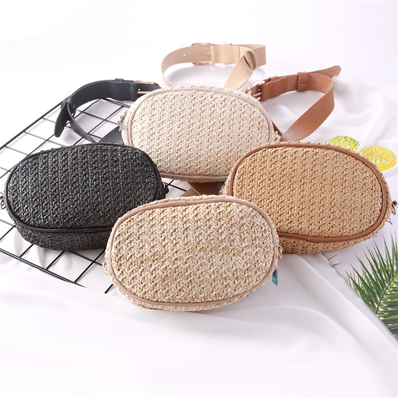 Rattan oval mulheres sacos de cintura artesanal boemia palha saco designer verão praia mini pacote viagem menina pacote peito bolsas