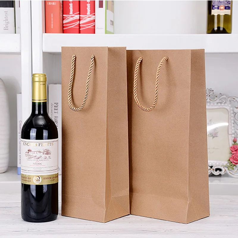 

100pcs/lot 11.5cmx9cmx35.5cm/17cmx9cmx35cm Kraft Paper Wine Packing Bags Linen Handle Rope Gift Bottle Bags