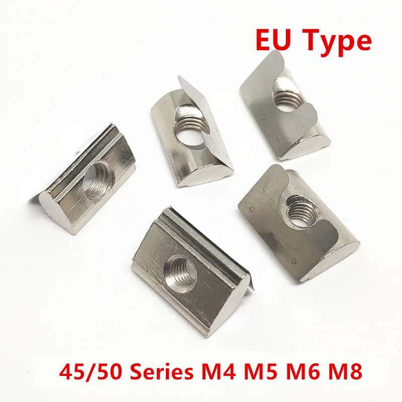 

50pcs/lot 45/50-M4 M5 M6 M8 Roll-in T Slot Nut with Spring Leaf Elastic Nut for 45 series Aluminum Profile