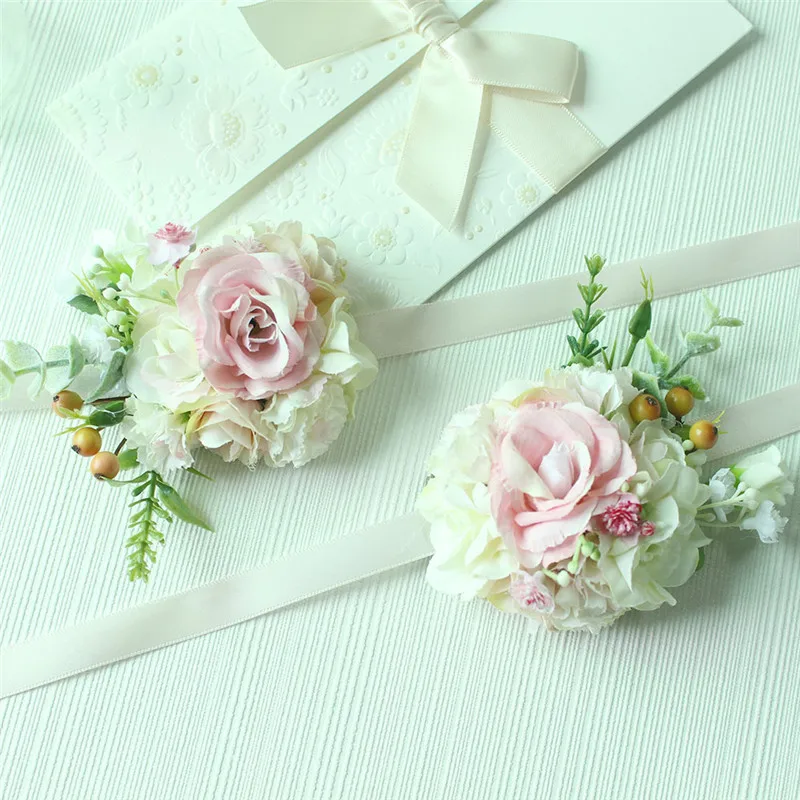 Lovegrace Hochzeit Frauen Boutonnieres und Handgelenk Corsage Grüne Pflanze Hand Blumen Braut Handgelenk Blume Rosa Braut Bouquet Zubehör