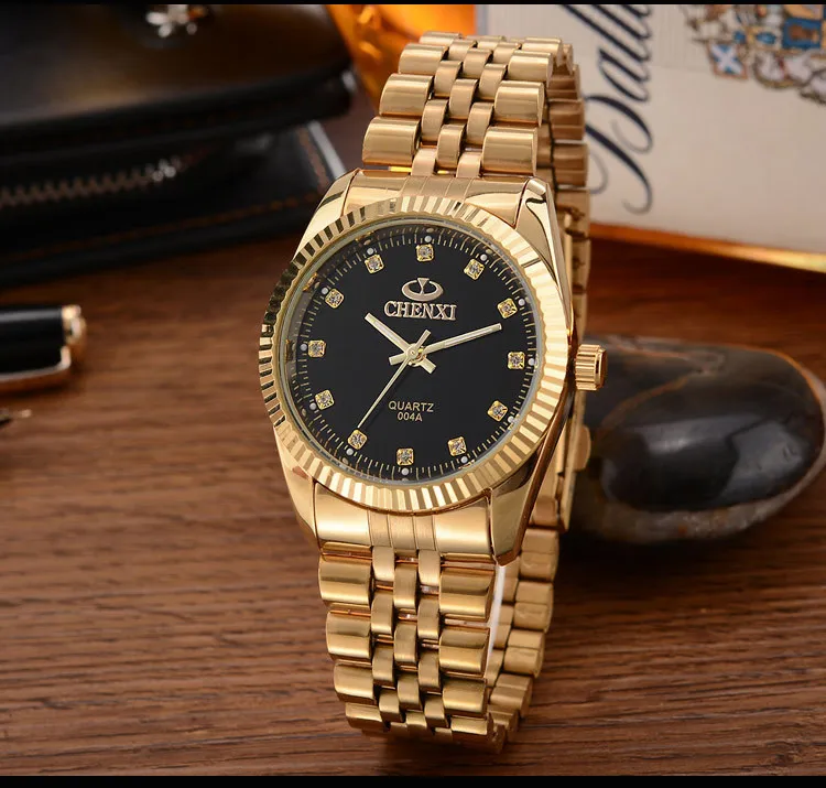 CHENXI, reloj de moda para hombre, relojes de cuarzo para mujer, reloj de pulsera de acero inoxidable dorado de lujo, reloj de vestir para amantes en caja de regalo