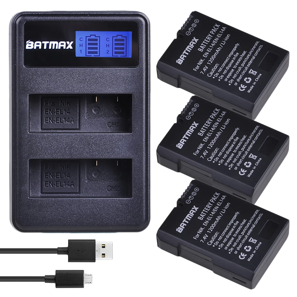 

Batmax 3pc 1200mAh EN-EL14A EN-EL14 Battery+LCD USB Dual Charger for Nikon D3100 D3200 D3300 D3400 D3500 D5600 D5100 D5200 P7000