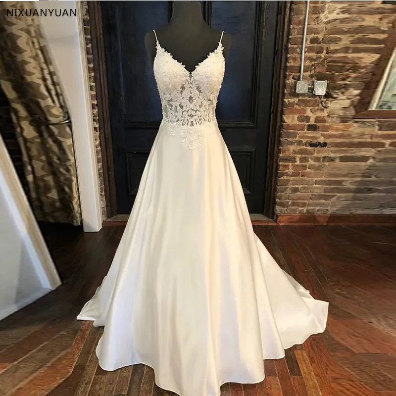 

2022 Elegant Wedding Dresses A-line Appliques Spaghetti Straps Vestido De Noiva Illusion Bodice Backless White Wedding Gowns