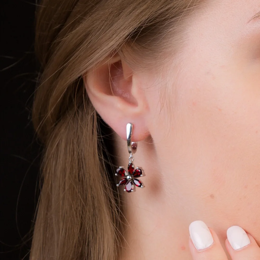 Gem\'s Ballet Solid 925 Sterling Silver Fine Jewelry Flower Design Garnet Stone Gorgeous Drop Earrings For Women