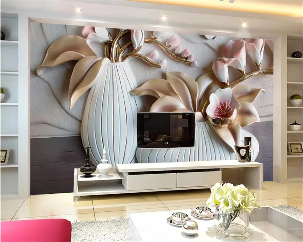 

Custom photo wallpaper 3D Phalaenopsis embossed background wall living room decorative painting vase mural wall paper