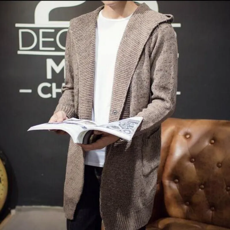 Mens Casual Autumn Knitwear Hooded Cardigan Preppy Style Fashion Casual Long Sweater Slim Fit Outwear Cap Knitted Coats