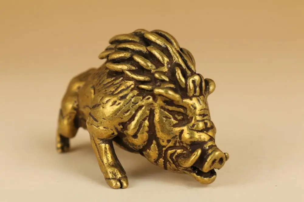 Rare Fierce Old brass Hand Carved Wild Boar Sus Scrofa Pig Statue /Figurines