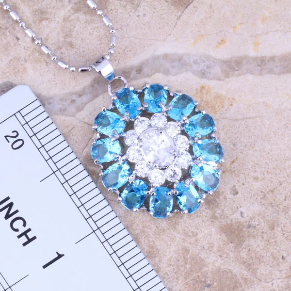 Lovely Sky Blue Cubic Zirconia White CZ Silver Plated Jewelry Sets Earrings Pendant Ring Size 6 / 7 / 8 / 9 / 10 S0426