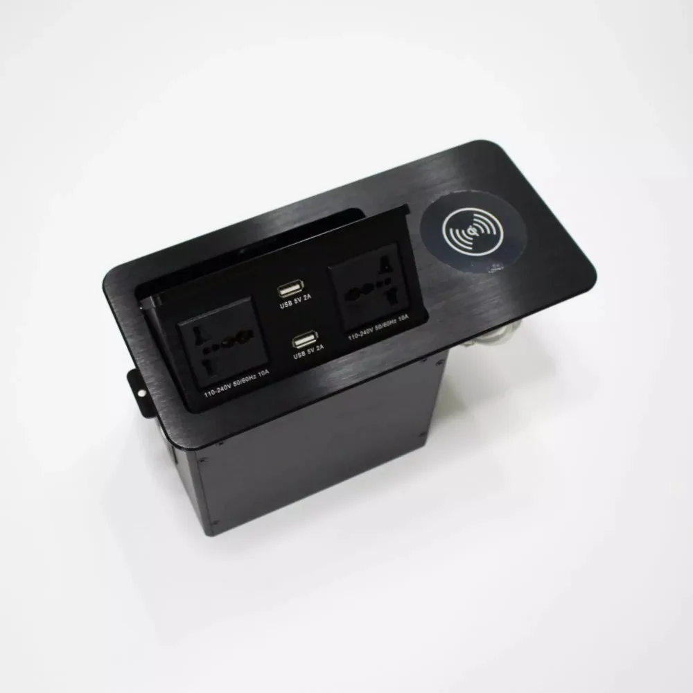 

Hydraulic pop up socket box with wireless charger