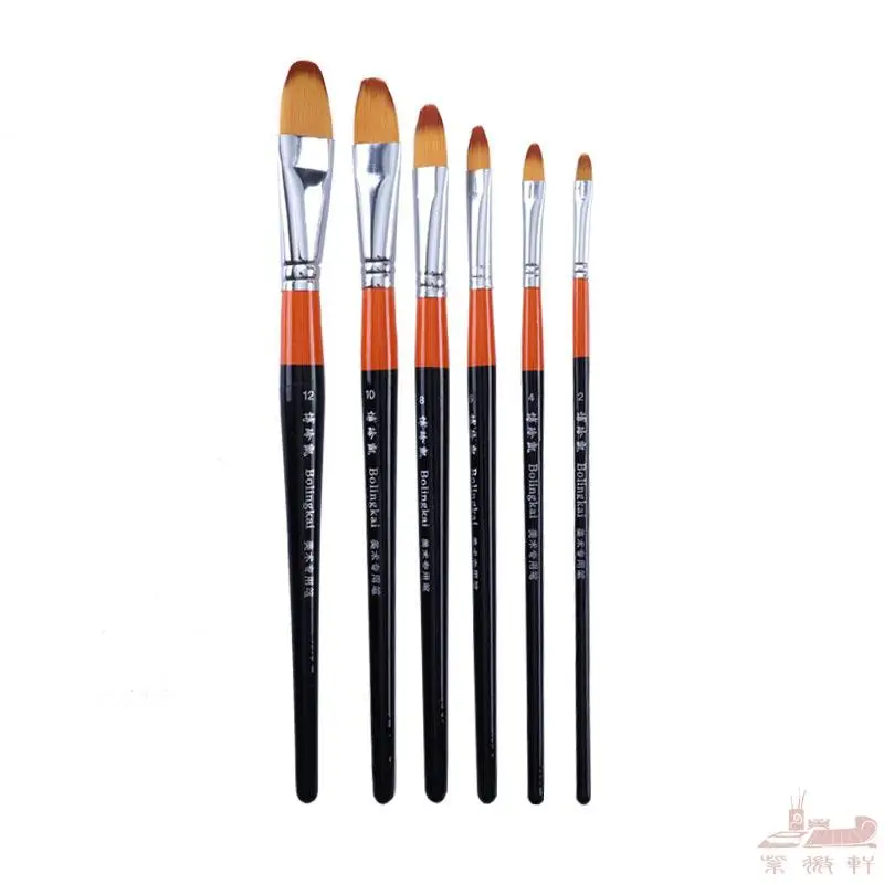 6pcs/Set Flat head painting pen Nylon Hair Wooden red rod paintbrush watercolor brush industry acrylic paints brush art supplies