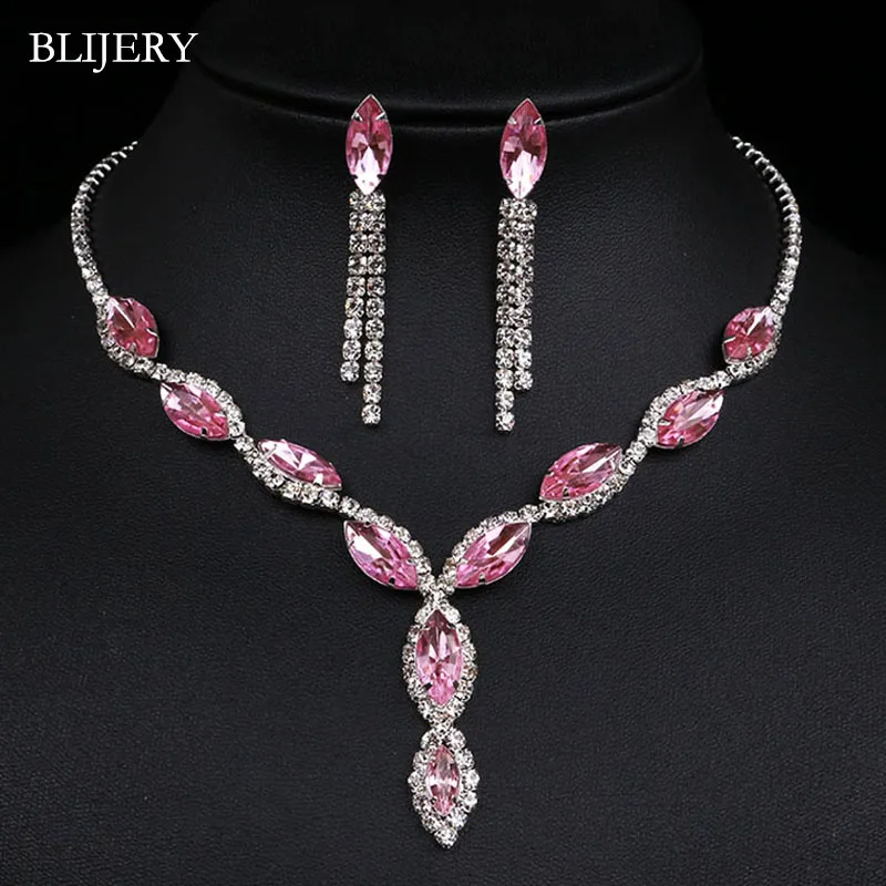 BLIJERY Fashion Pink Crystal Prom Wedding Jewelry Sets for Women Accessories Floral Tassel Necklace Earrings Bridal Jewelry Sets