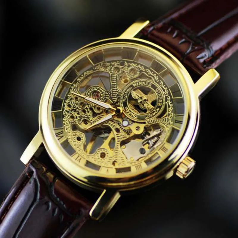 Winner Brand Transparent Luxruy Gold Case Luxury Casual Design Brown Leather Strap Men Student Watch Mechanical Skeleton Watch