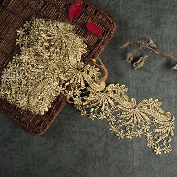 DIY 수제 패치워크 레이스 트리밍, 골든 레이스 크라운, 자수 신부 레이스 스커트, 의류 액세서리, 로트 당 2 야드