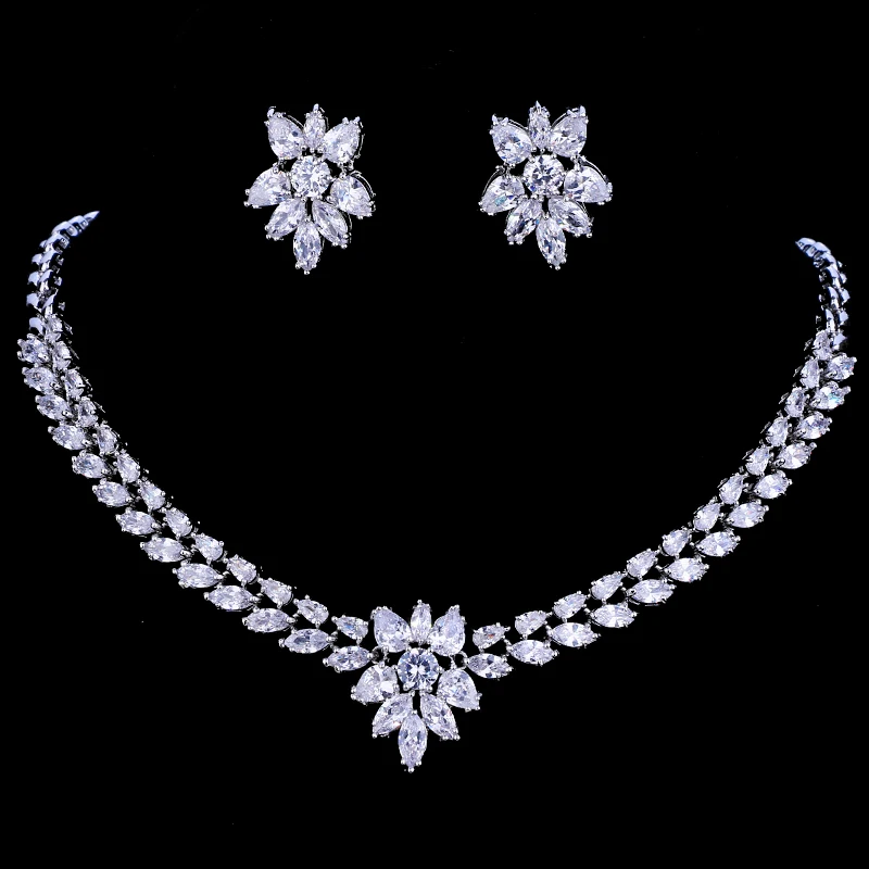 Emmaya White Gold Color Luxury Bridal CZ Crystal Necklace and Earring Sets Big Wedding Jewelry Sets For Brides