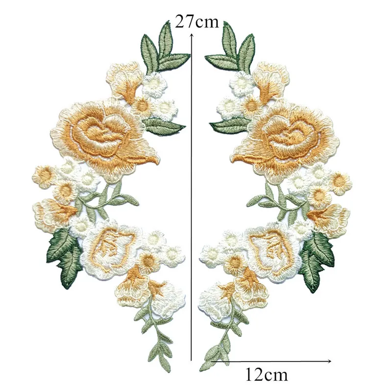 2PCS 27CM Embroidered Sew On Patches Roses Flowers Peony 5 Colors Wedding Appliques Lace Trims For Bride Evening Dress DIY