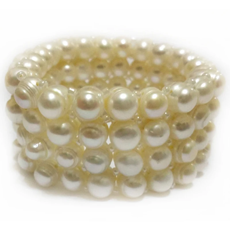 

8 inches 4 Rows 8-9mm Natural White Freshwater Memory Cord Women Pearl Bracelet