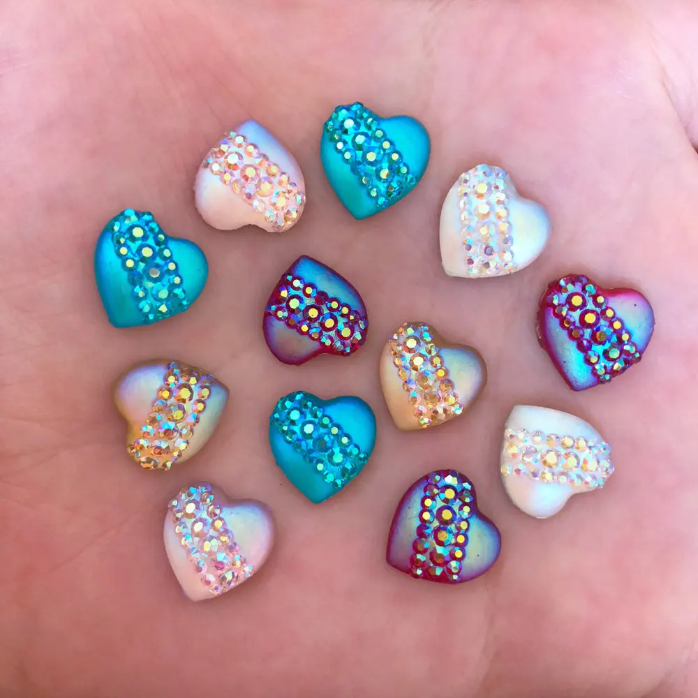 40pcs 12mm Resin Heart Cat\'s Eye Flatback Rhinestone Wedding Buttons DIY Crafts R42A