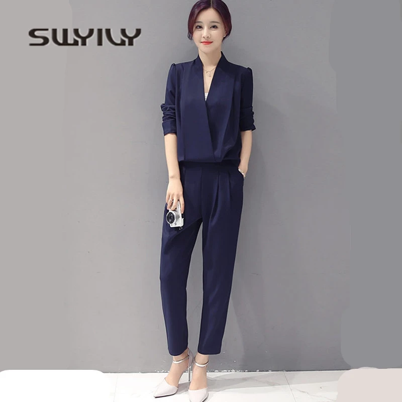 SWYIVY Women's Jumpsuit Ankle Length Pants Detachable 2018 Slim Female Leisure Trousers Big Size Womans Bodysuits Long Sleeve