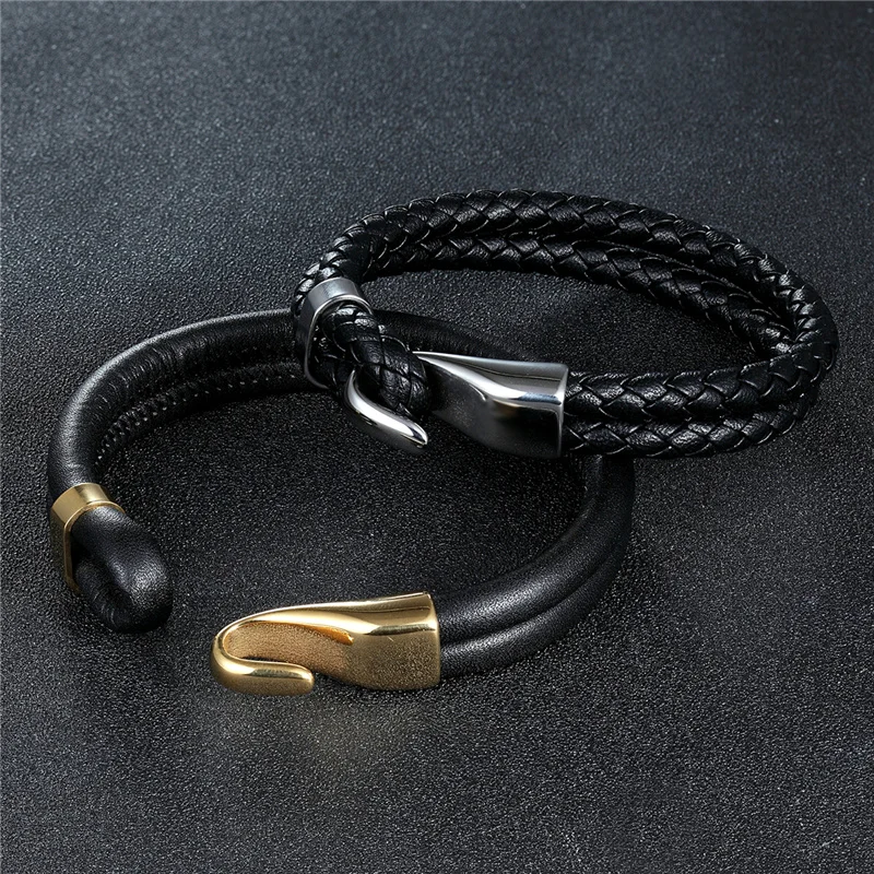2023 High Quality Creative Black Multi-layer Leather Bracelet Men Stainless Steel Anchor Bracelet Fashion Bangles Gifts Pulseras