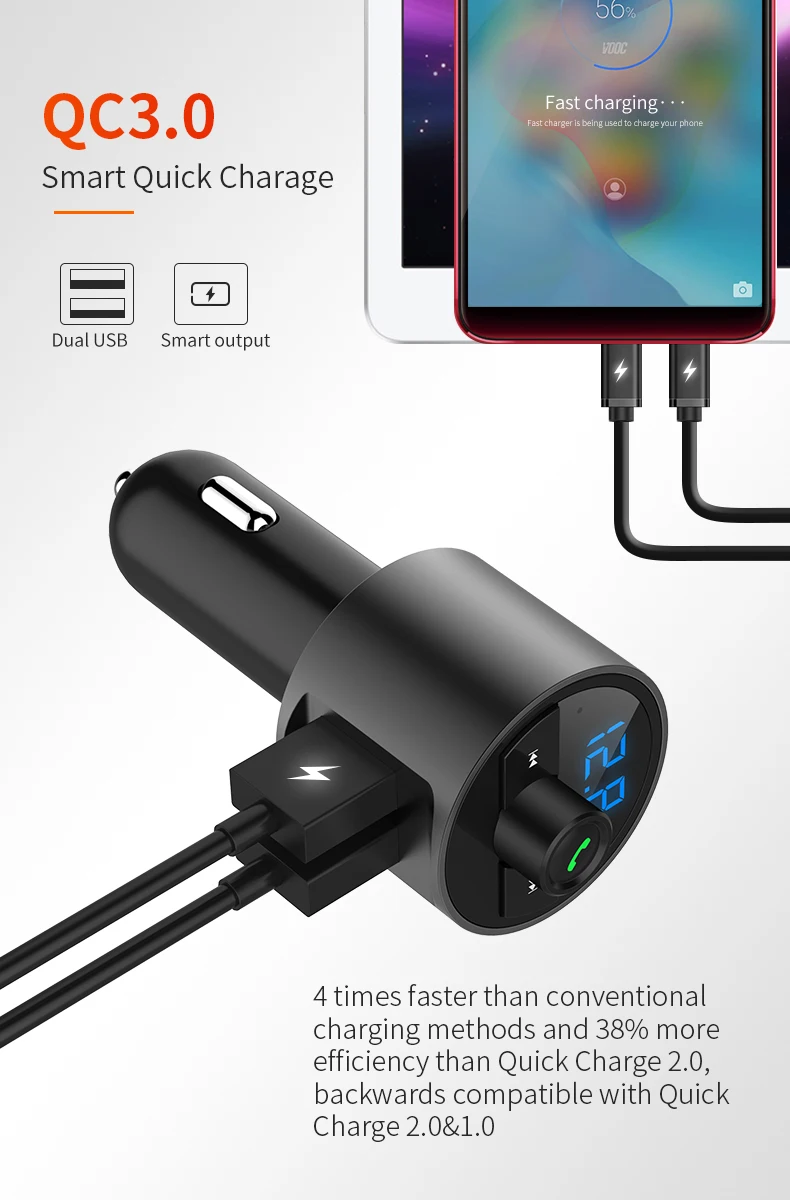 Qc 3.0In-Car Bluetooth Hands Free MP3 Player/Phone to Radio FM Transmitter BT56