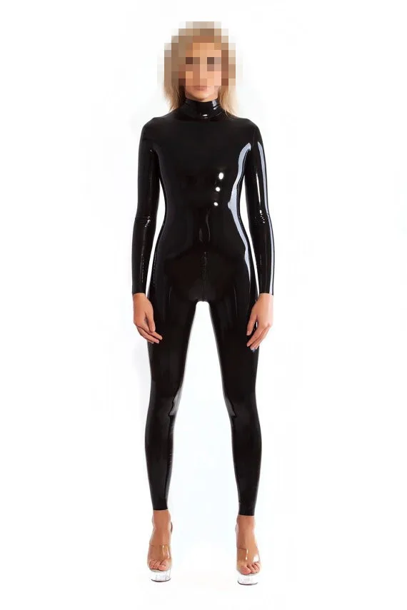 

Black Latex Catsuit Rubber Zentai Suit Shoulder Zip Rubber Bodysuit With Crotch Zip