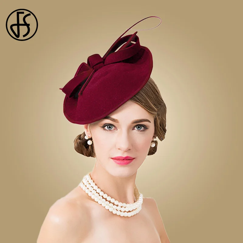 FS 100% Wool Black Hat Church Elegant Ladies Formal Vintage Felt Fedoras Wedding Fascinators Hats For Women Pillbox Female Cap