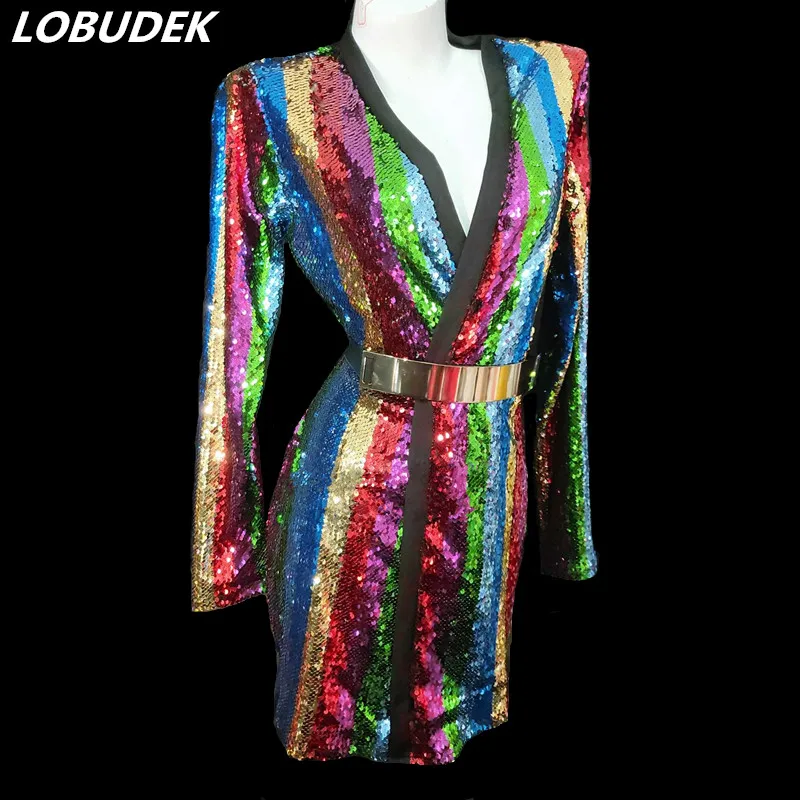 

Colorful Striped Sequin Cardigan Blazer Dress Nightclub Bar Concert Women Singer Stage Shiny Coat Party Show Performance Costume