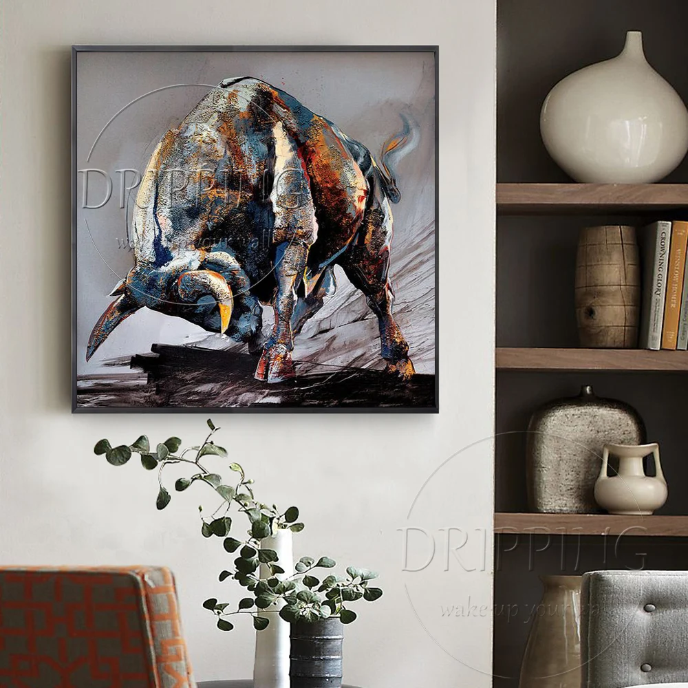 Artist Hand-painted High Quality Strong Bull Oil Painting on Canvas Modern Cattle Strong Bull Ready to Fight Oil Painting