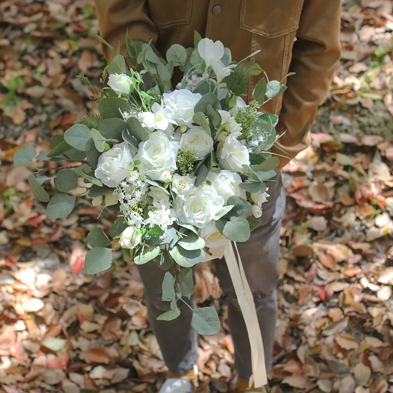 JaneVini-ramo de flores de seda Artificial para dama de honor, flores de novia blancas, tacto Real, elegante, bohemio, accesorios de boda