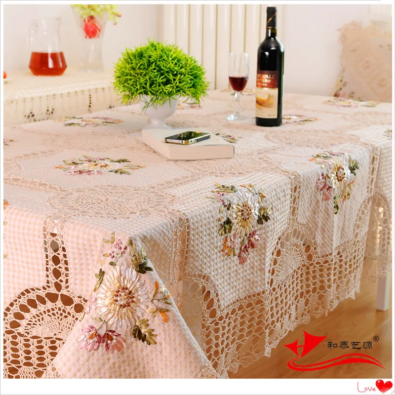 2025 new arrival zakka fashion embroidery tablecloth with ribbon flowers handmade patchwork for dinning table as novelty house