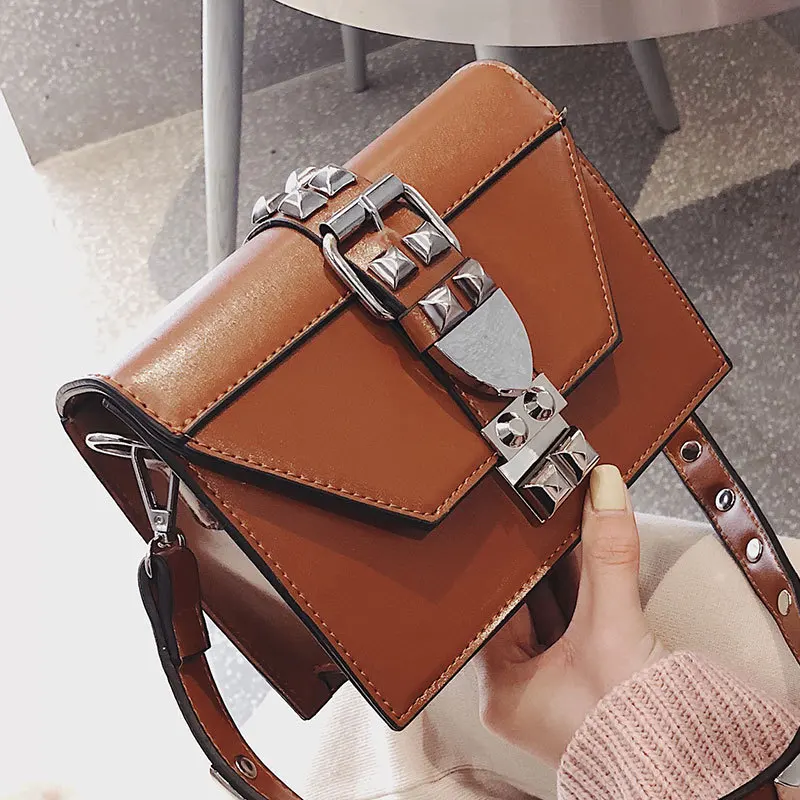 Ins Style Rivet Small Square Bag Female New Wide Shoulder Strap Female Bag Fashion Small Bag Shoulder Messenger Bag