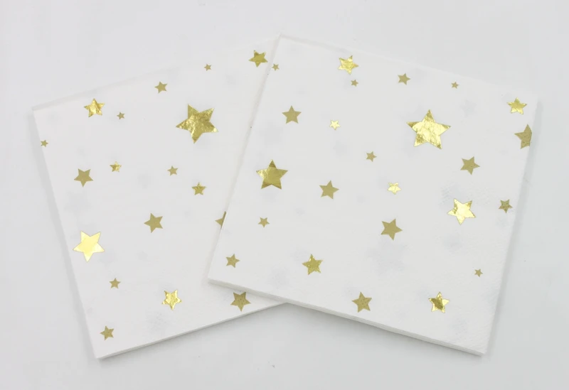 [RainLoong] 3Plys Beverage Gold Foil Paper Napkin Five-pointed Star Festive & Party Supply Tissue Serviettes Decoupage 25cm*25cm