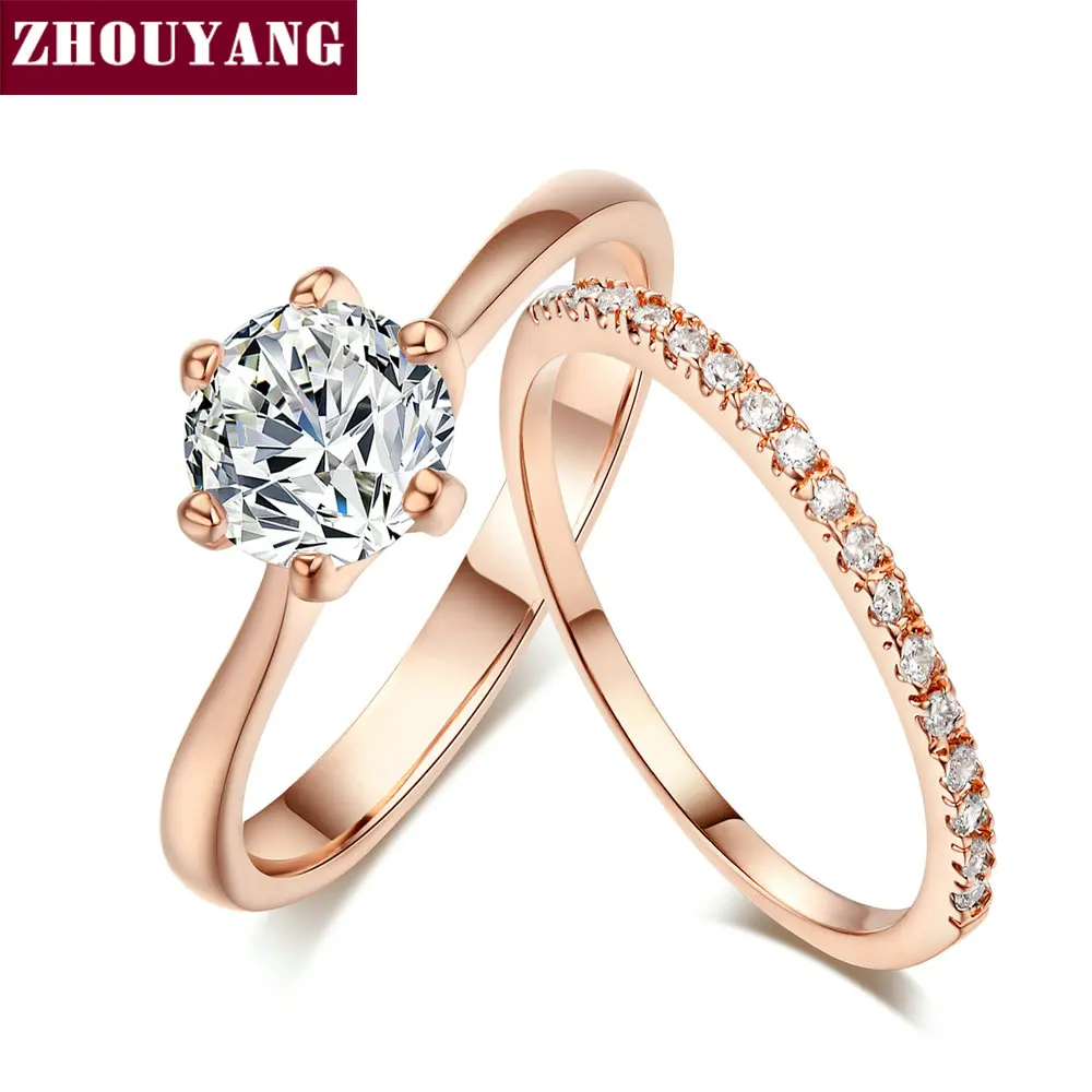 ZHOUYANG Wedding Ring Set For Women Forever Classic Style Multicolor Optional AAA+CZ Rose Gold Color 2 PCS Fashion Jewelry SR013