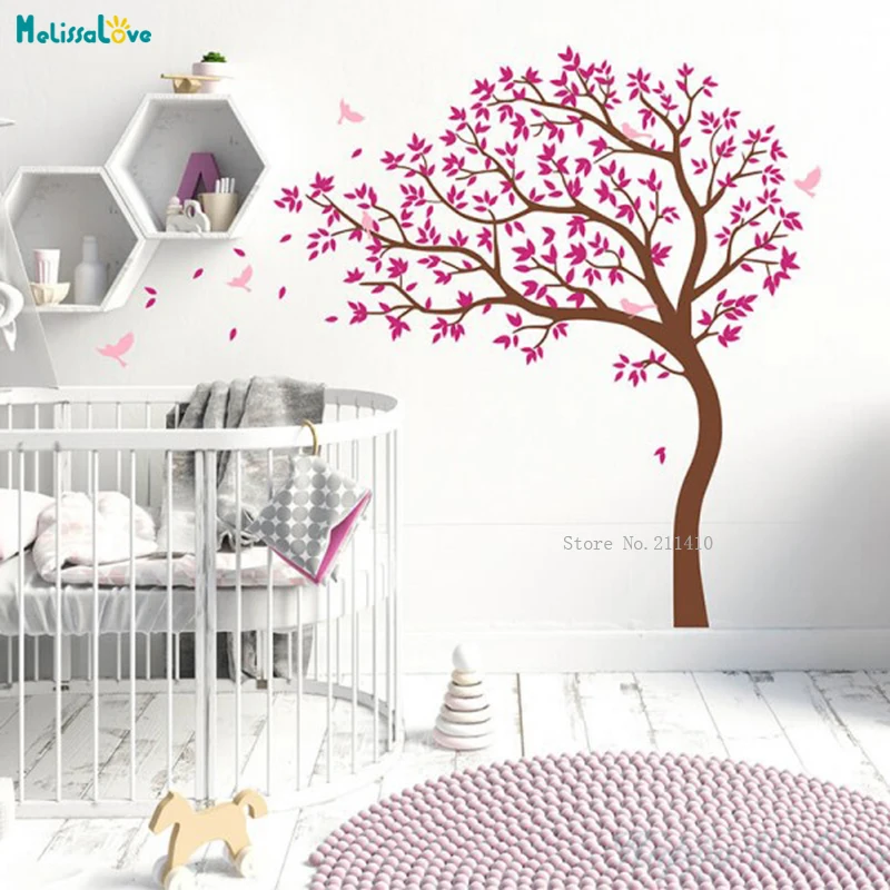 

Simple Large Tree Wall Stickers Flying Birds Falling Leaves For Kids Baby Room Home Decor Nursery Removable Decals Gift YT978