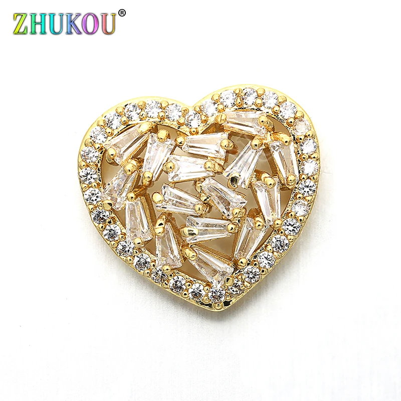 15*16mm Brass Micro Pave Cubic Zirconia Heart Charms Connectors for Diy Jewelry Findings, Mixed Color, Model: VS219