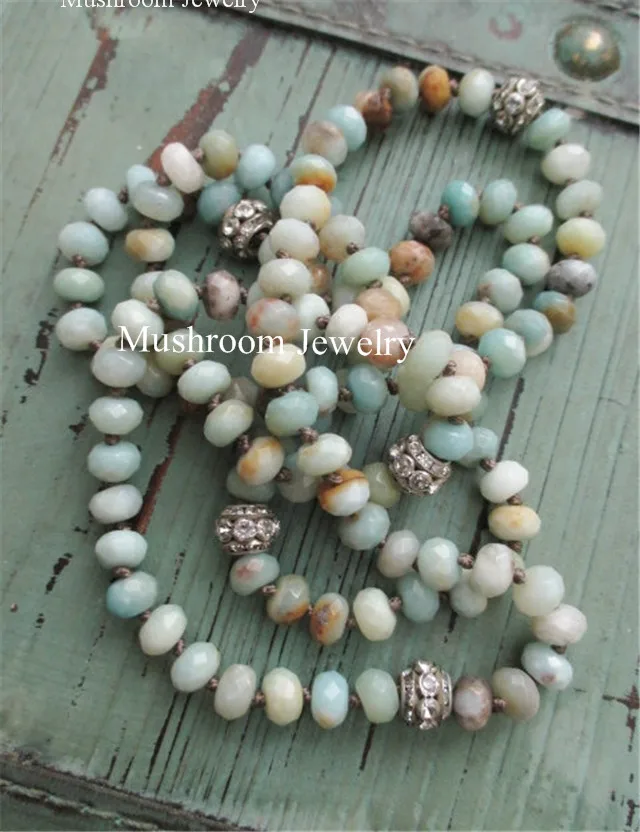 Boho Chic Pave Crystal Beads long Roundel Amazonite Beaded Long Wrap Beaded Necklace