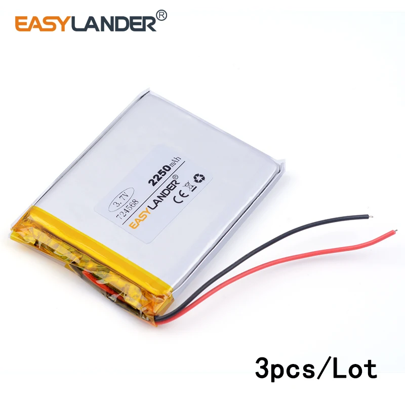 3pcs /Lot 2250mAH 724568 3.7v lithium Li ion polymer rechargeable battery for tablet pc GPS mp3 mp4 cell phone speaker toys